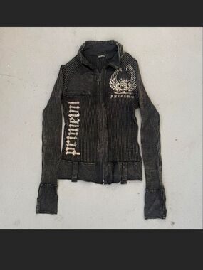 PRIMEVIL VINTAGE Graphic Zip-Up Ribbed Jacket. S